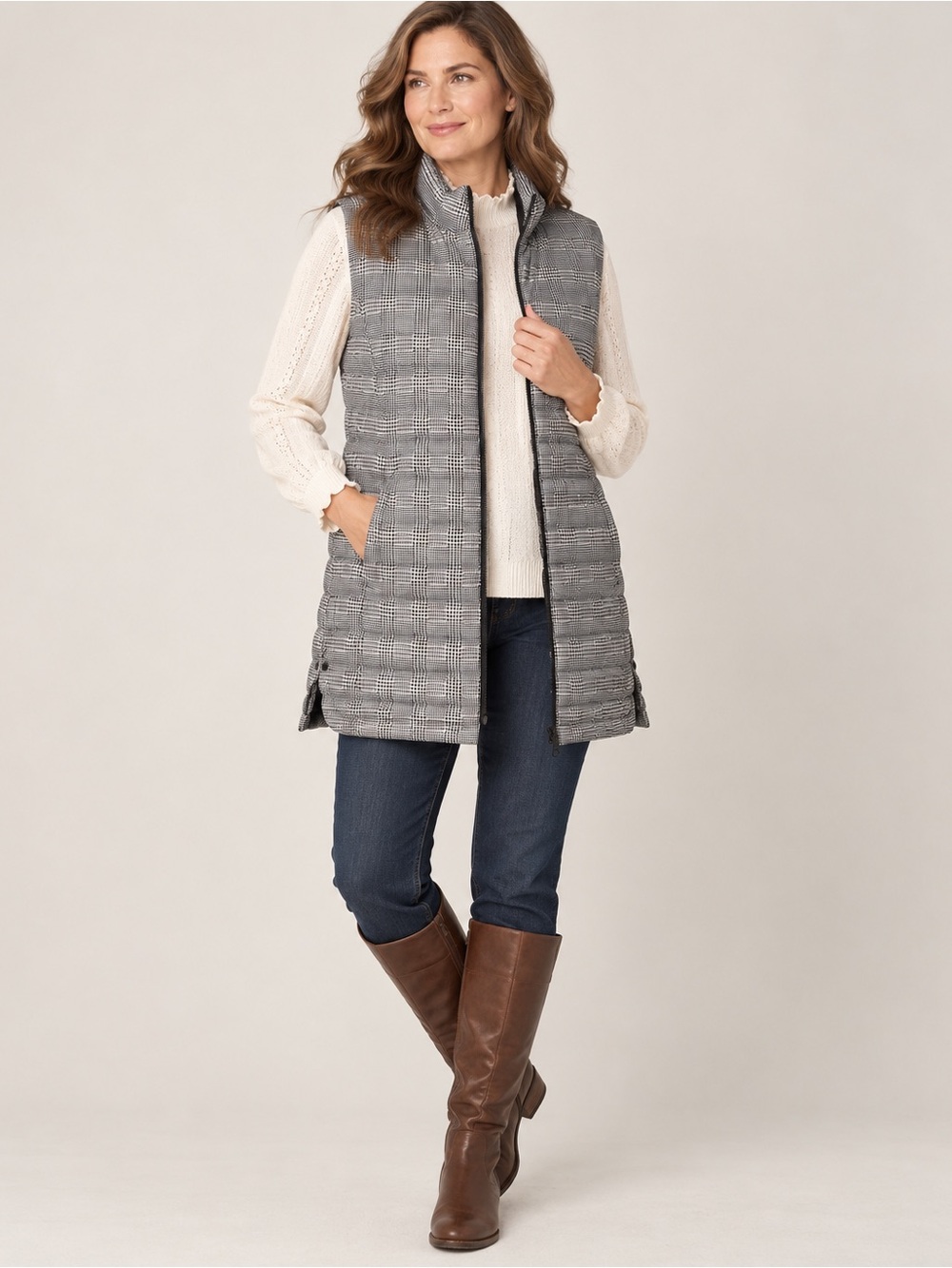 J.Jill Long Down Puffer Vest Black Ivory Glen Plaid Zip Front